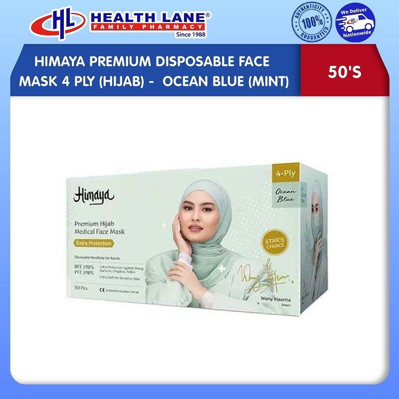 HIMAYA PREMIUM DISPOSABLE FACE MASK 4 PLY 50'S (HIJAB)- OCEAN BLUE (MINT)